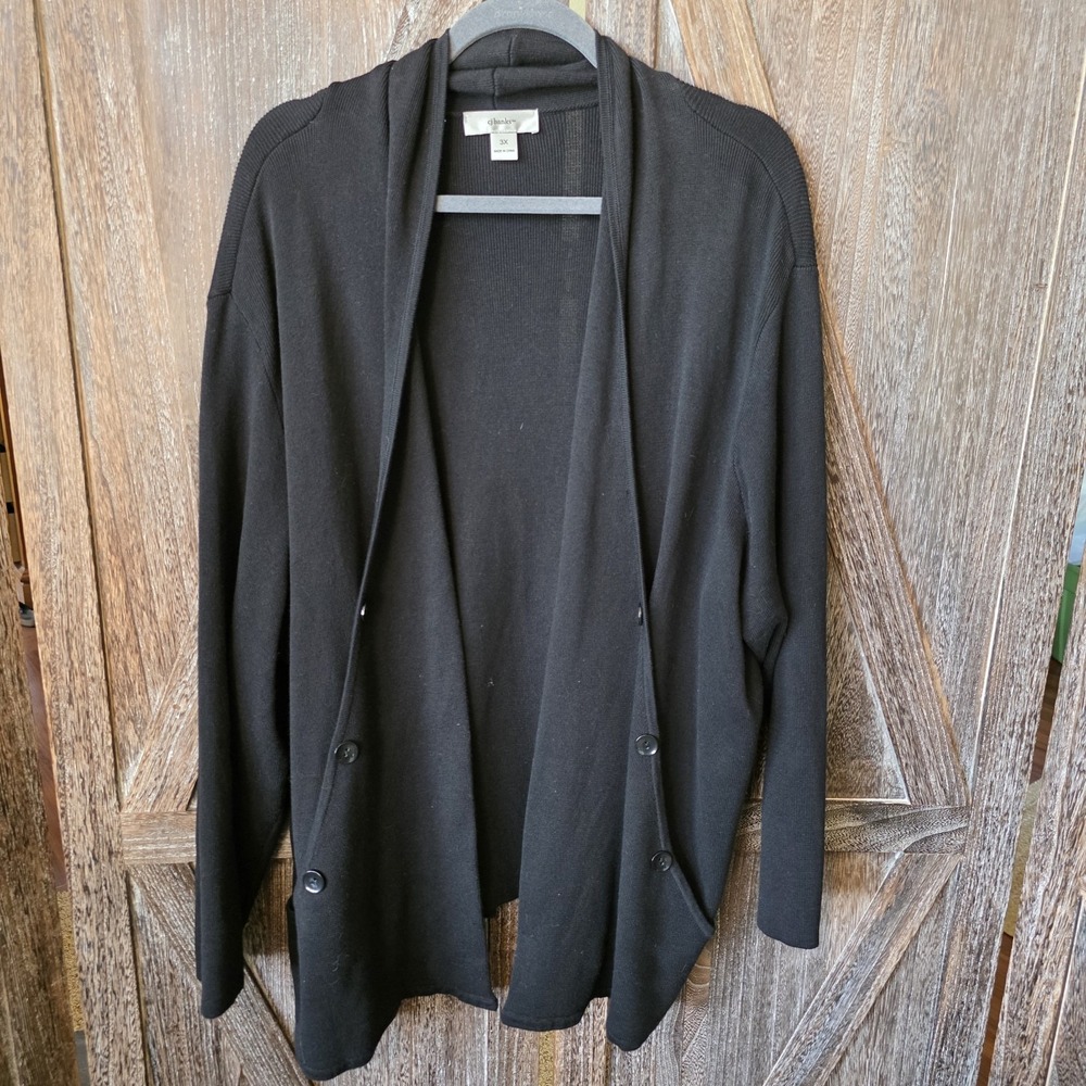 CJ Banks Cardigan Women's Size 3X Black Ribbed Long Sleeve Open Pockets Long